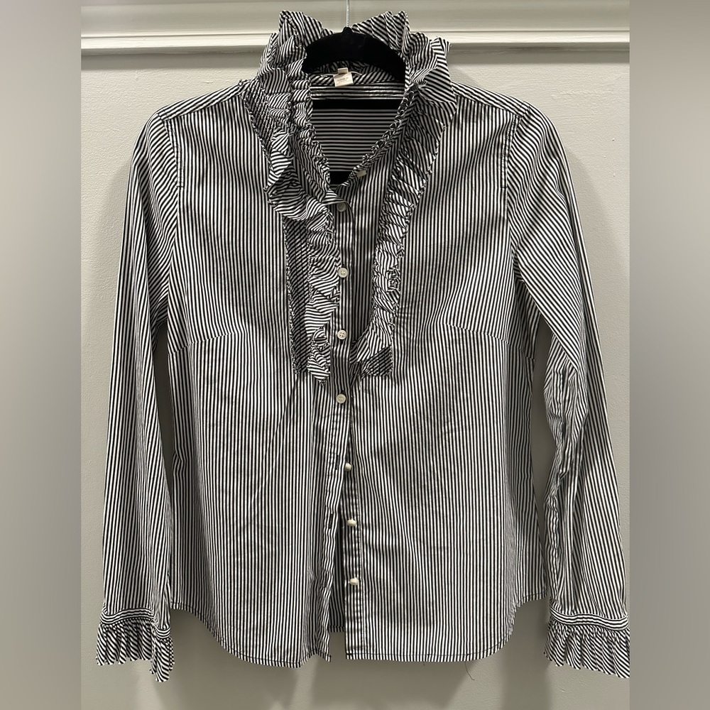 J Crew Striped Ruffled Button Down